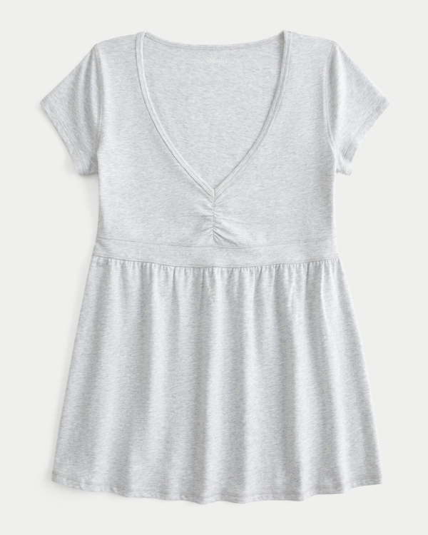 Short-Sleeve Banded Babydoll Top, Light Heather Grey view 1
