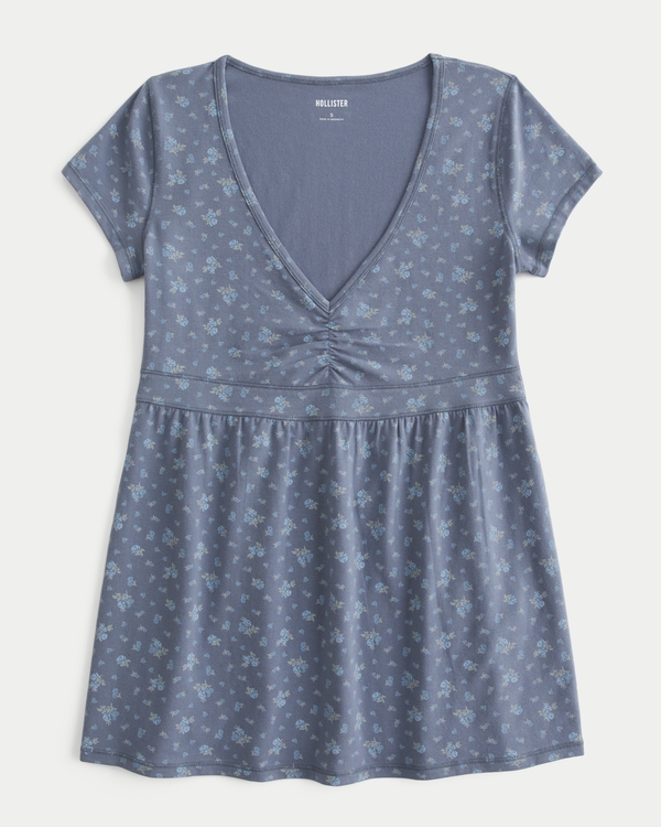 Short-Sleeve Banded Babydoll Top, Grey Blue Floral view 1