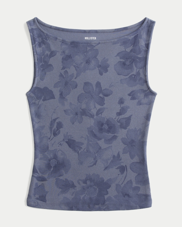 Slash-Neck Tank, Dark Blue Floral view 1