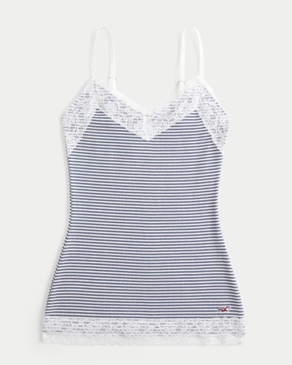 Lace Trim Layering Cami, Navy Blue Stripe view 1