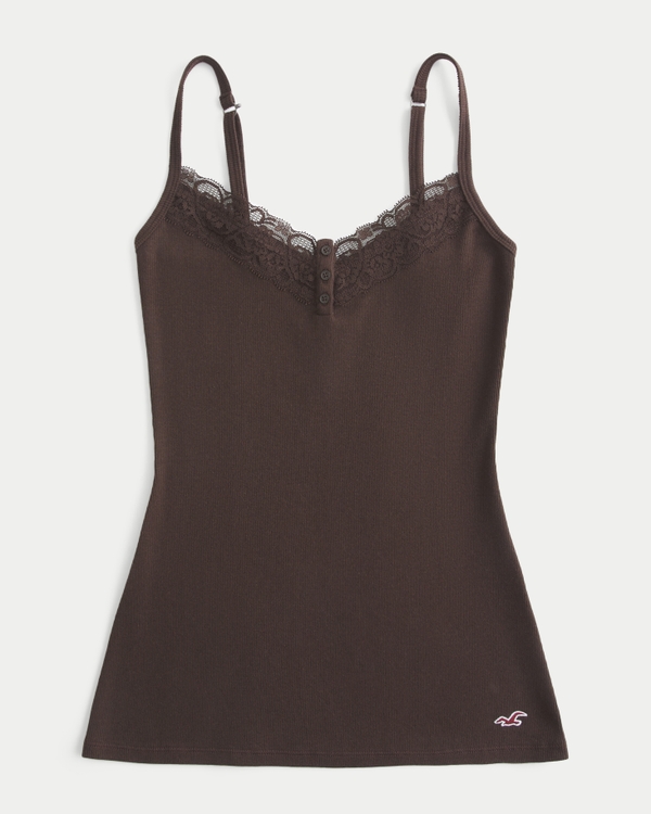 Lace Trim Henley Cami, Brown view 1