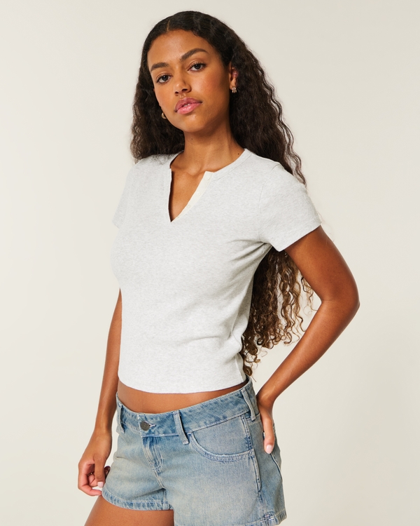 Cotton Notch-Neck Henley T-Shirt, Light Heather Grey view 1