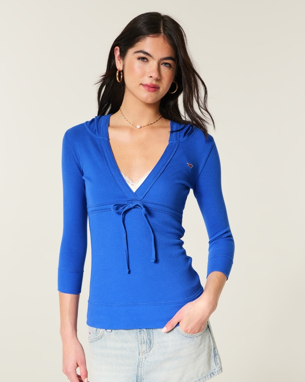 Three-Quarter Sleeve Hooded Icon T-Shirt, Cobalt view 1