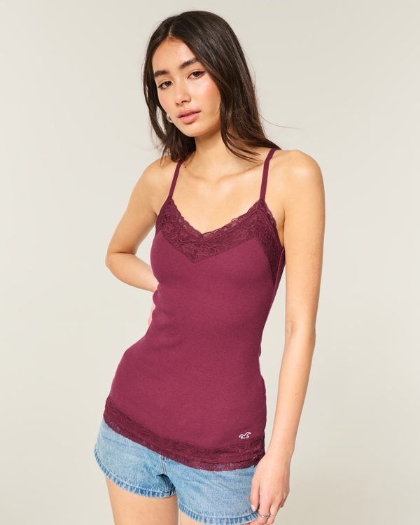 Lace Trim Layering Cami, Burgundy view 1