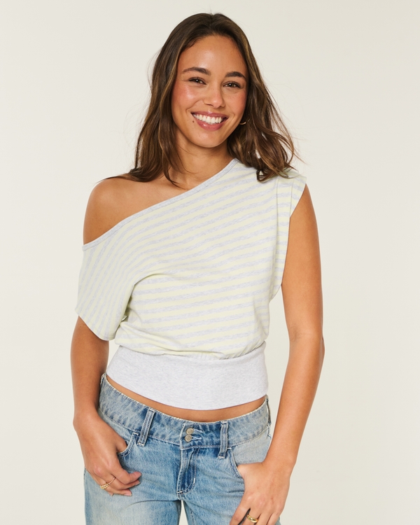 Off-the-Shoulder Banded Top, Butter Yellow Stripe view 1
