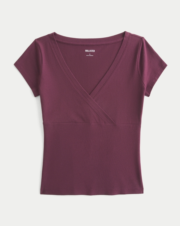 Wrap V-Neck Baby Tee, Burgundy view 1