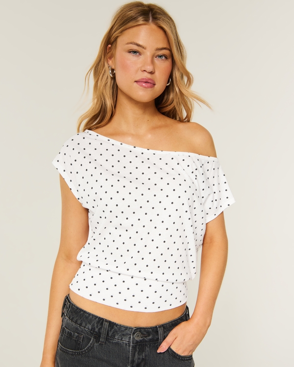 Off-the-Shoulder Short-Sleeve Dolman Top, White Dot view 1