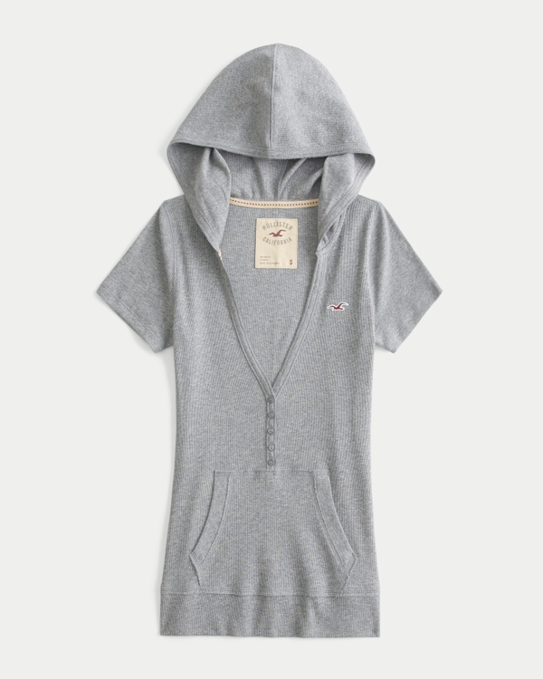 Short-Sleeve Henley Hoodie, Heather Grey view 1
