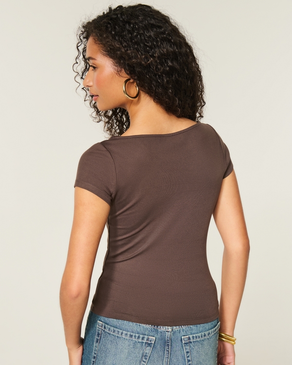 Short-Sleeve Seamless Fabric Slash-Neck T-Shirt, Brown view 2