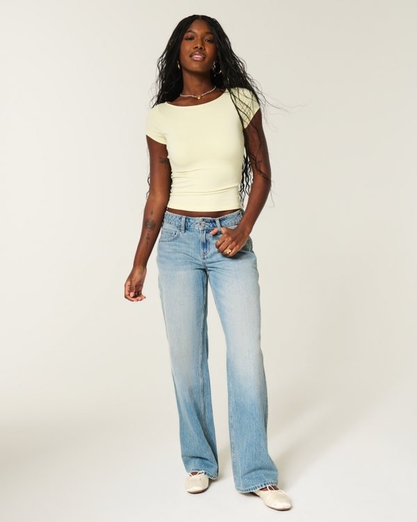 Short-Sleeve Seamless Fabric Slash-Neck T-Shirt, Butter Yellow view 2