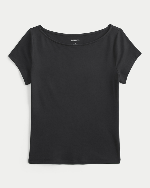 Short-Sleeve Seamless Fabric Slash-Neck T-Shirt, Black view 1
