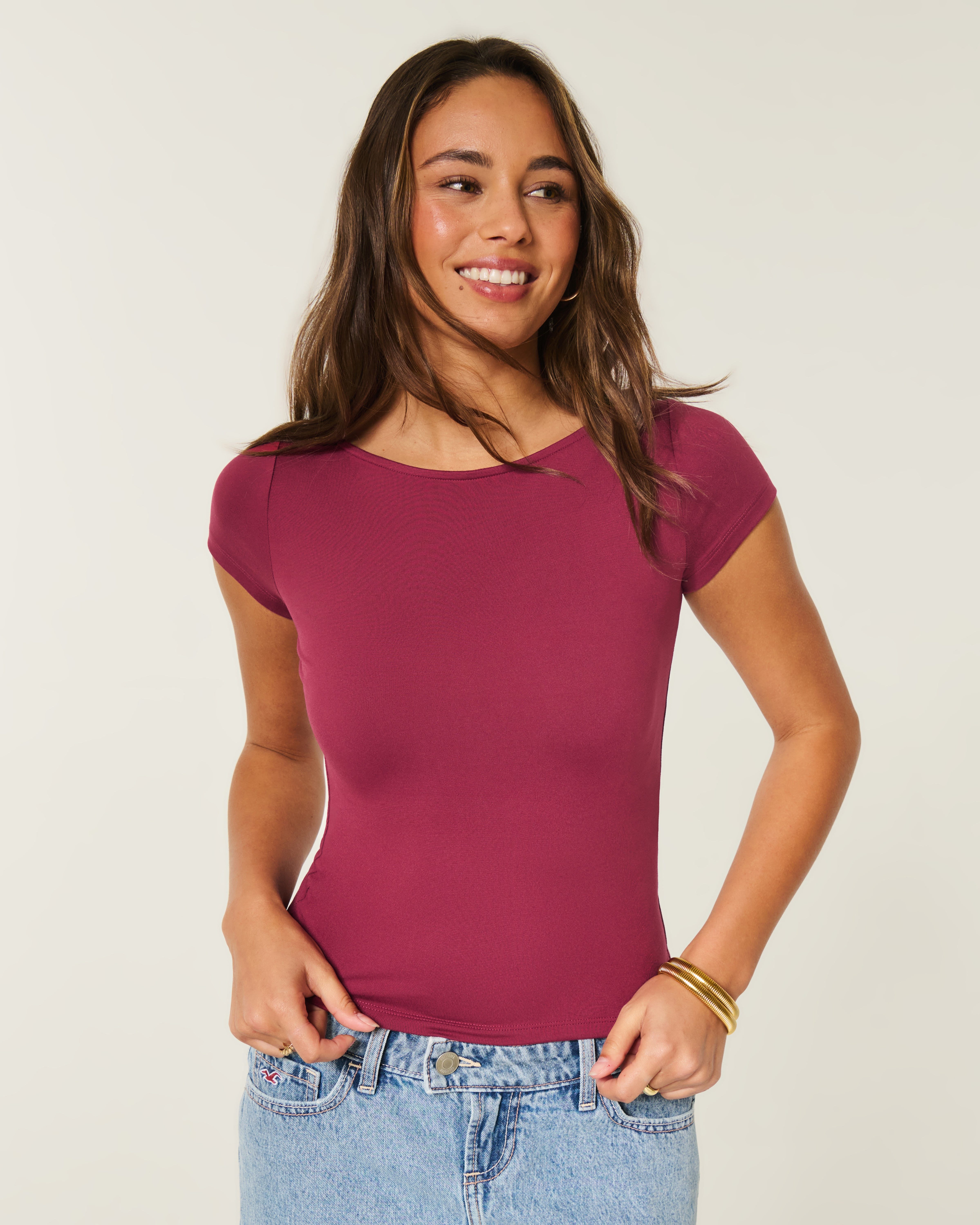Short-Sleeve Seamless Fabric Slash-Neck T-Shirt