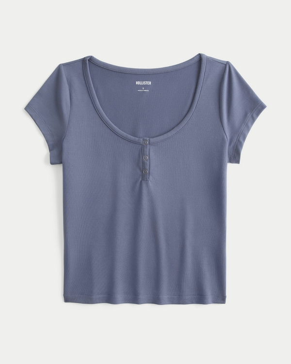 Smooth Seamless Fabric Short-Sleeve Snap Henley, Blue Grey view 1