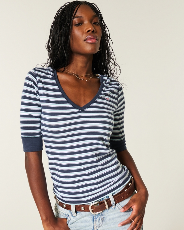Half-Sleeve Hooded V-Neck T-Shirt, Blue Stripe view 1