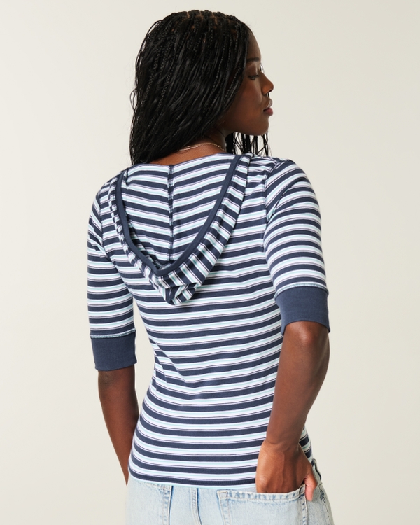Half-Sleeve Hooded V-Neck T-Shirt, Blue Stripe view 2