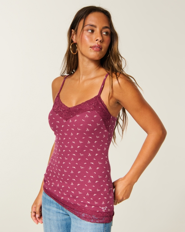Lace Trim Layering Cami, Burgundy Floral view 1