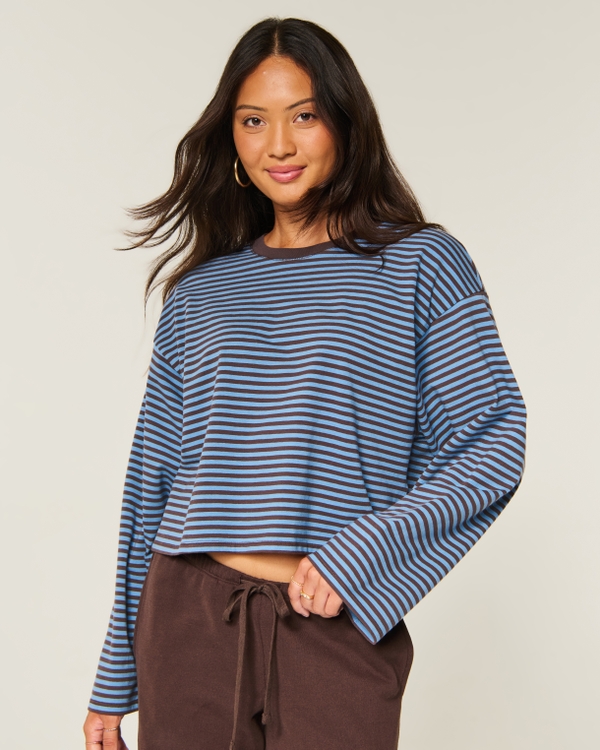 Boxy Long-Sleeve Crew T-Shirt, Blue Stripe view 1