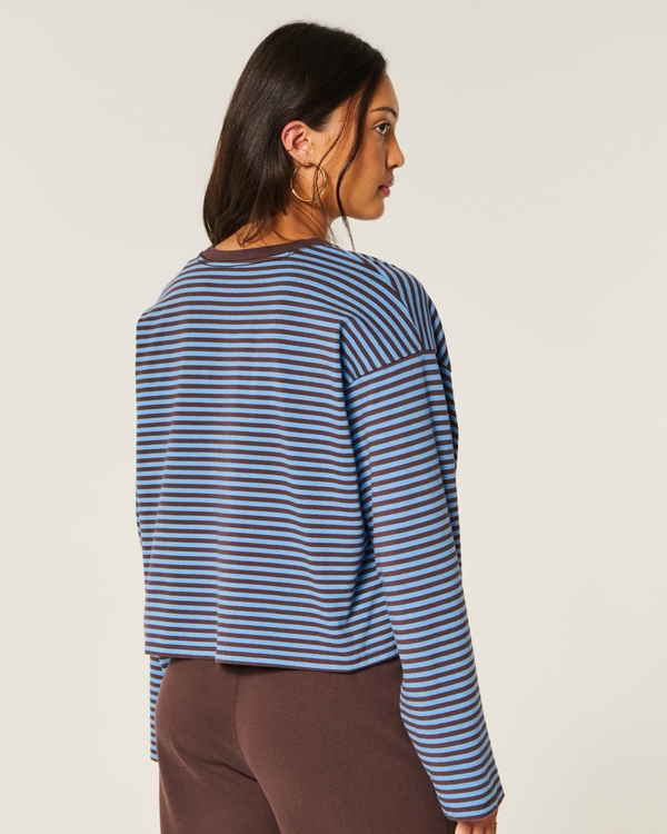 Boxy Long-Sleeve Crew T-Shirt, Blue Stripe view 2