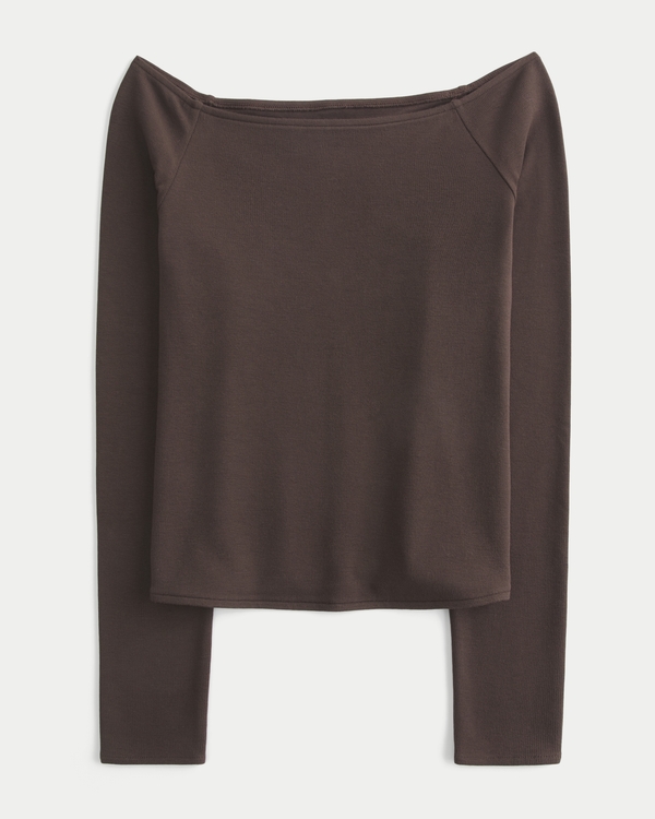 Long-Sleeve Off-the-Shoulder T-Shirt, Brown view 1
