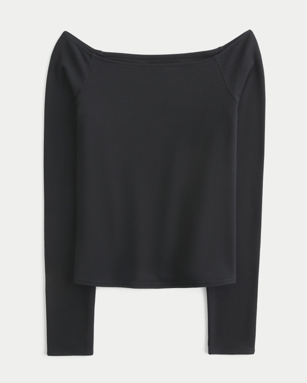 Long-Sleeve Off-the-Shoulder T-Shirt, Black view 1