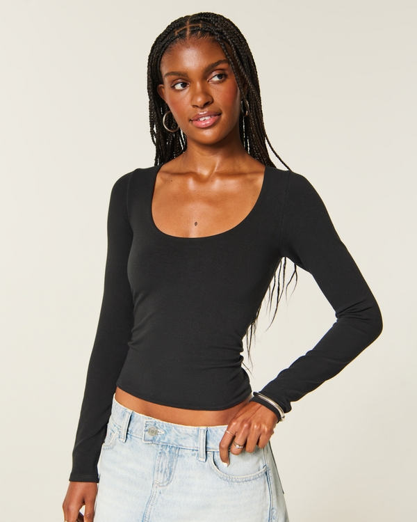 Long-Sleeve Scoop T-Shirt, Black view 1