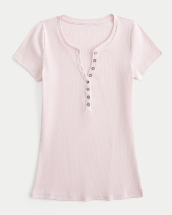 Classic Ribbed Striped Henley Neck Short Sleeve Top
