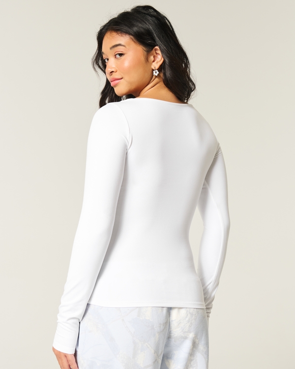 Long-Sleeve Seamless Fabric Slash-Neck Top, White view 2
