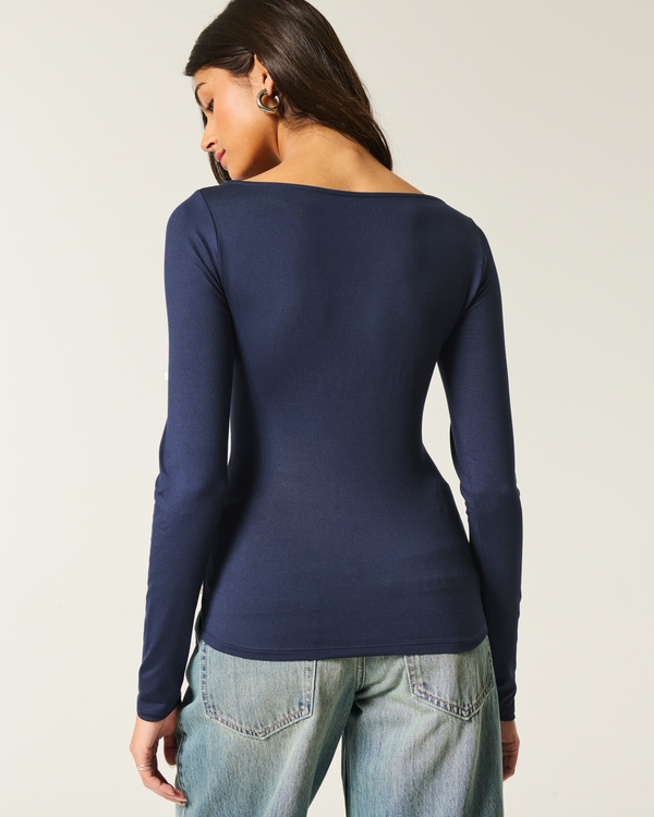 Long-Sleeve Seamless Fabric Slash-Neck Top, Navy Blue view 2