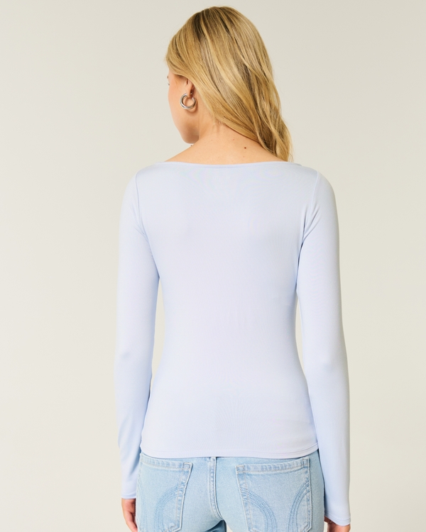 Long-Sleeve Seamless Fabric Slash-Neck Top, Dusk Blue view 2