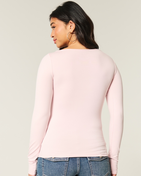 Long-Sleeve Seamless Fabric Slash-Neck Top, Pale Pink view 2