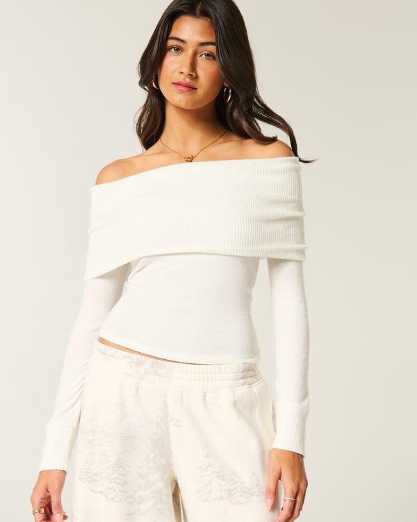 Long-Sleeve Foldover Off-the-Shoulder Top, Cloud White view 1