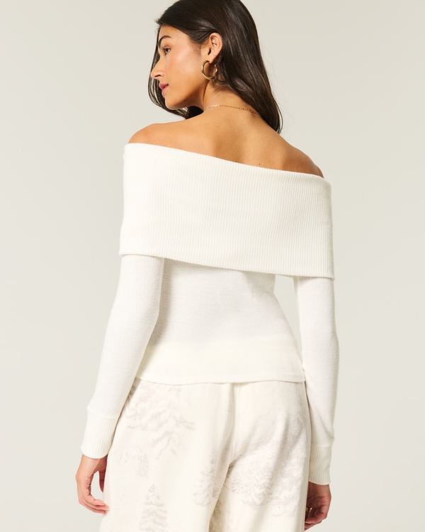 Long-Sleeve Foldover Off-the-Shoulder Top, Cloud White view 2