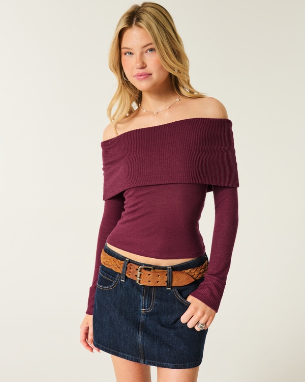 Long-Sleeve Foldover Off-the-Shoulder Top, Mulberry view 1