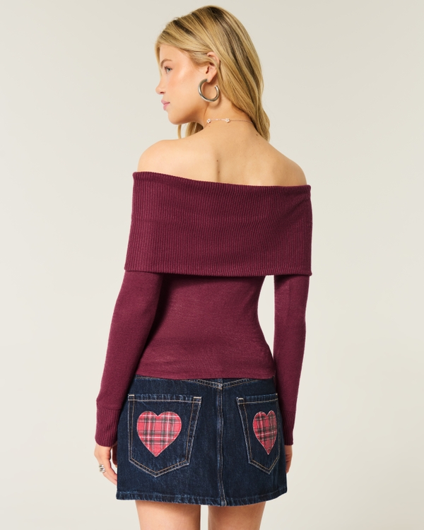 Long-Sleeve Foldover Off-the-Shoulder Top, Mulberry view 2