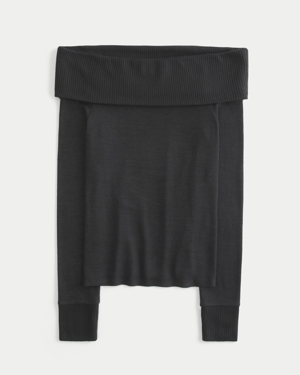 Long-Sleeve Foldover Off-the-Shoulder Top, Black view 1