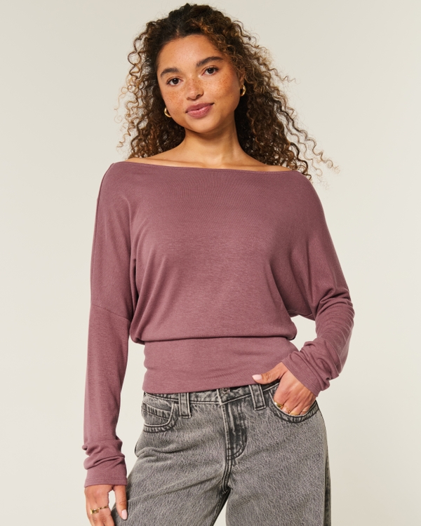 Easy Banded Slash-Neck Top, Dark Pink view 1
