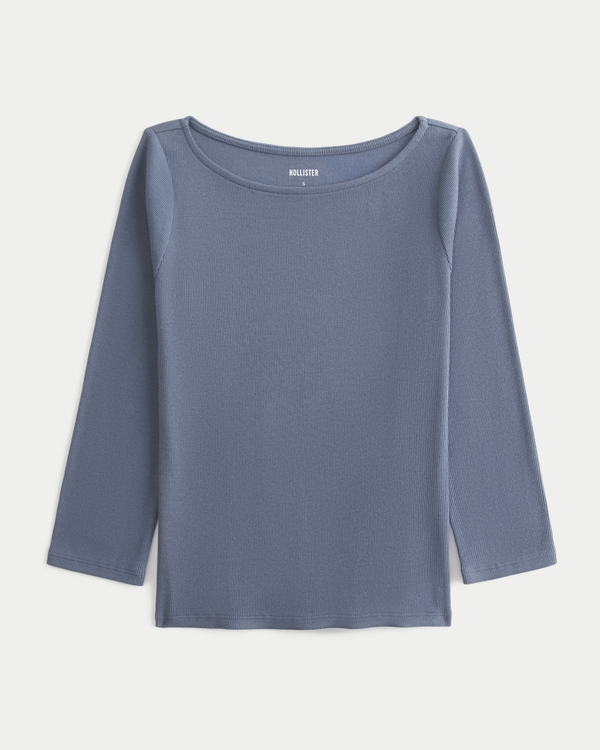 3/4 Sleeve Slash-Neck Baby Tee, Grey Blue view 1