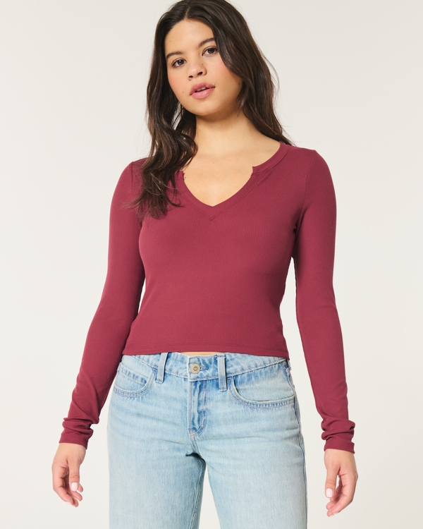 Ribbed Seamless Fabric Notch-Neck Top