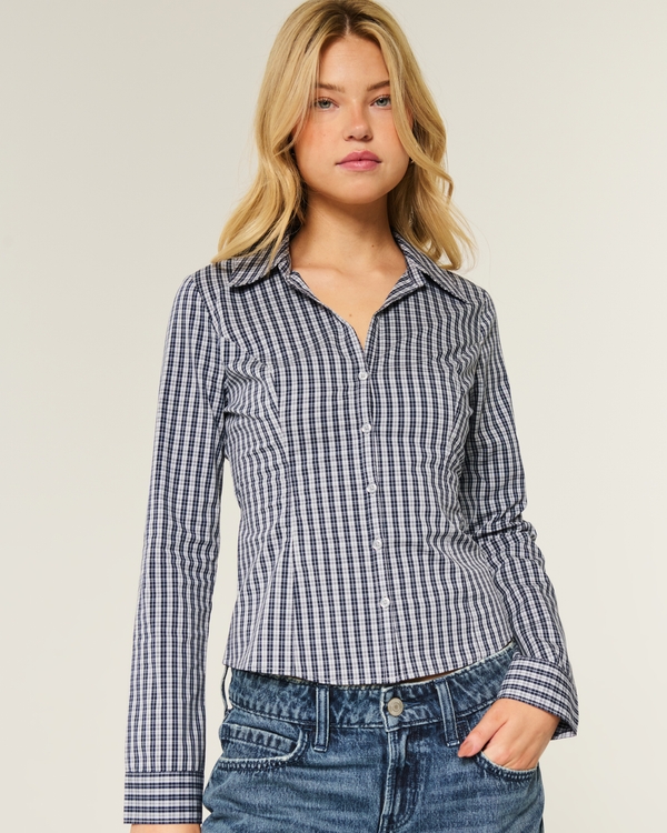 Slim Button-Through Shirt, Navy Blue Plaid view 1