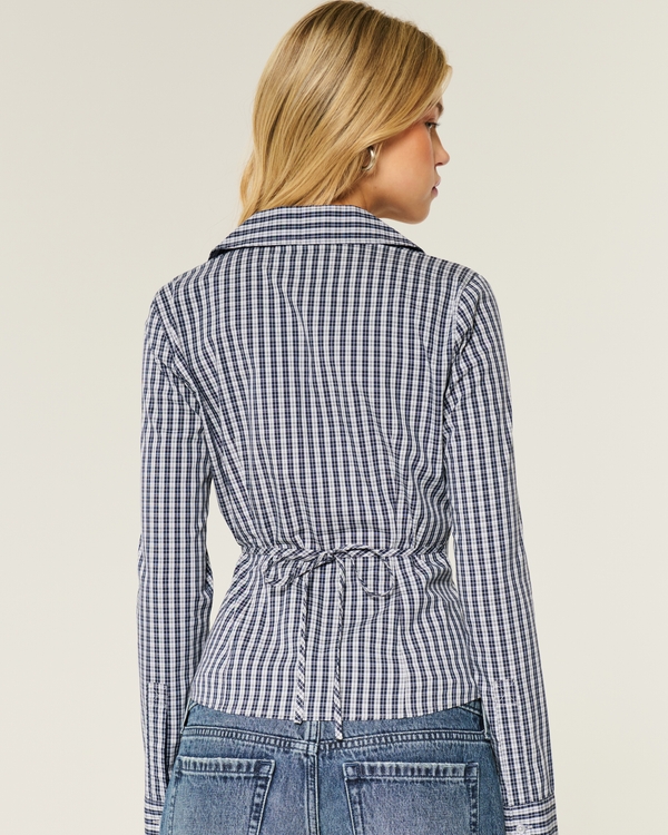 Slim Button-Through Shirt, Navy Blue Plaid view 2