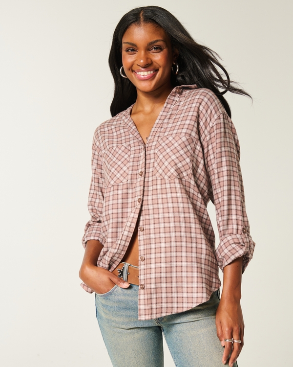 Oversized Flannel Shirt, Light Brown Plaid view 1