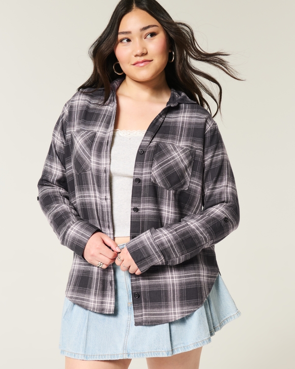 Oversized Flannel Shirt, Black Plaid view 1