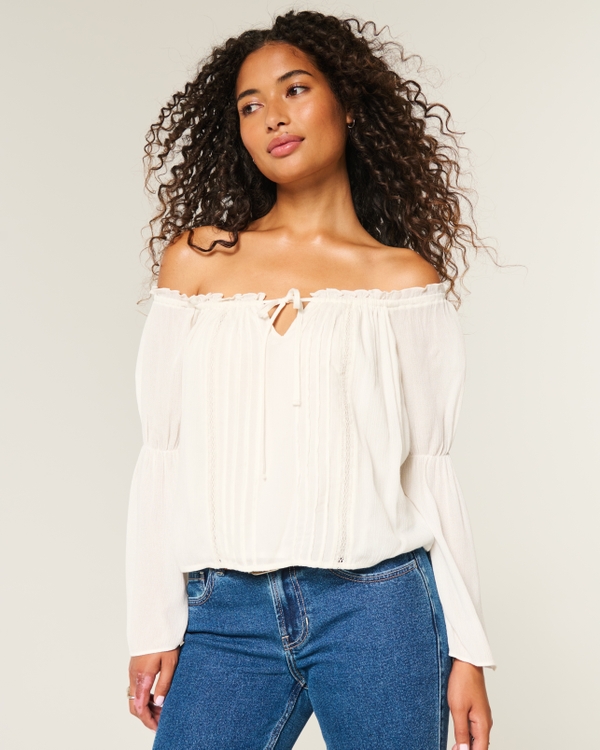 Easy Off-the-Shoulder Long-Sleeve Top, Cloud White view 1