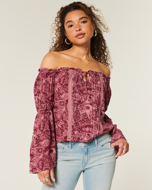 Easy Off-the-Shoulder Long-Sleeve Top, Dark Pink Floral view 1