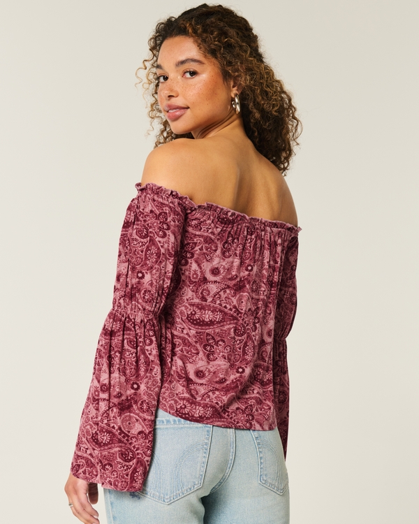 Easy Off-the-Shoulder Long-Sleeve Top, Dark Pink Floral view 2