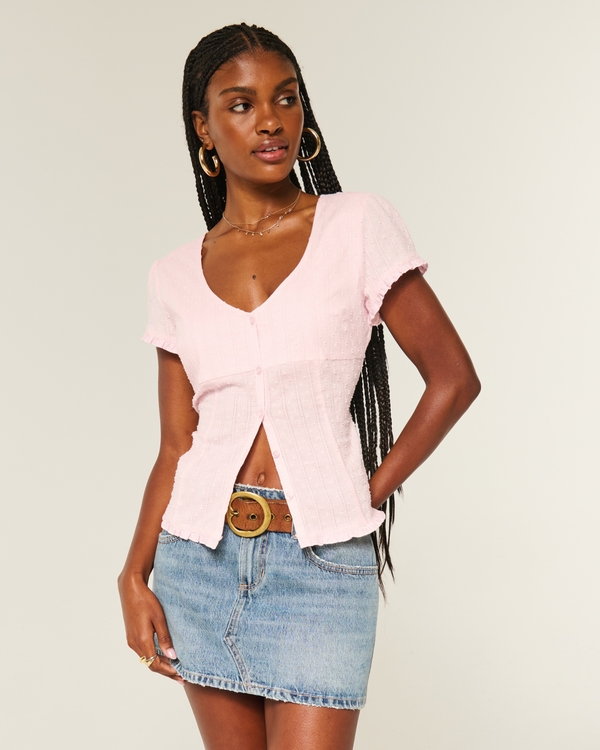 Stretch Poplin Textured Short-Sleeve Shirt, Light Lilac view 1