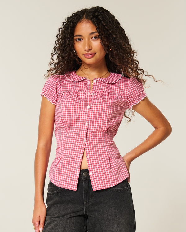 Stretch Poplin Textured Short-Sleeve Shirt, Red Plaid view 1