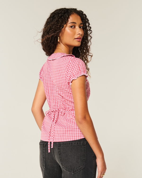 Stretch Poplin Textured Short-Sleeve Shirt, Red Plaid view 2