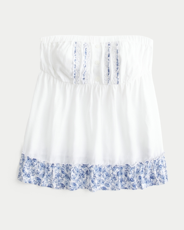 Easy Strapless Babydoll Top, White Floral view 1
