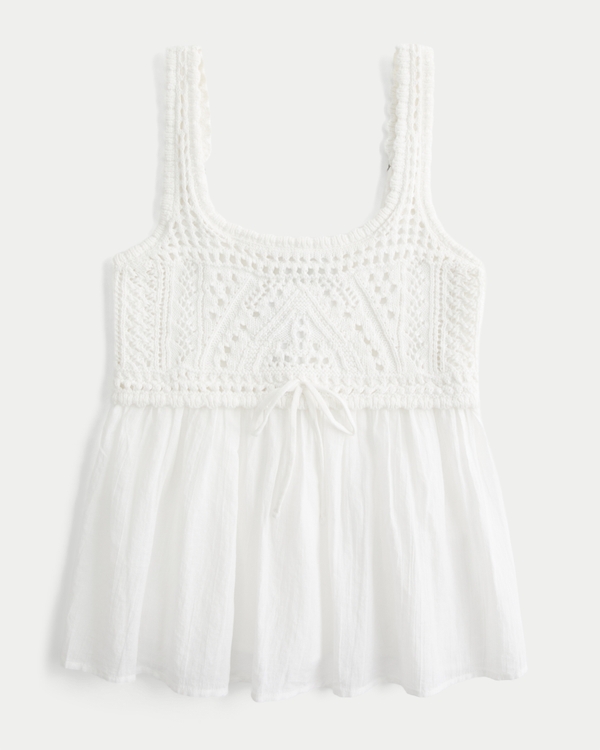 Mixed Crochet-Style Babydoll Top, Cloud White view 1
